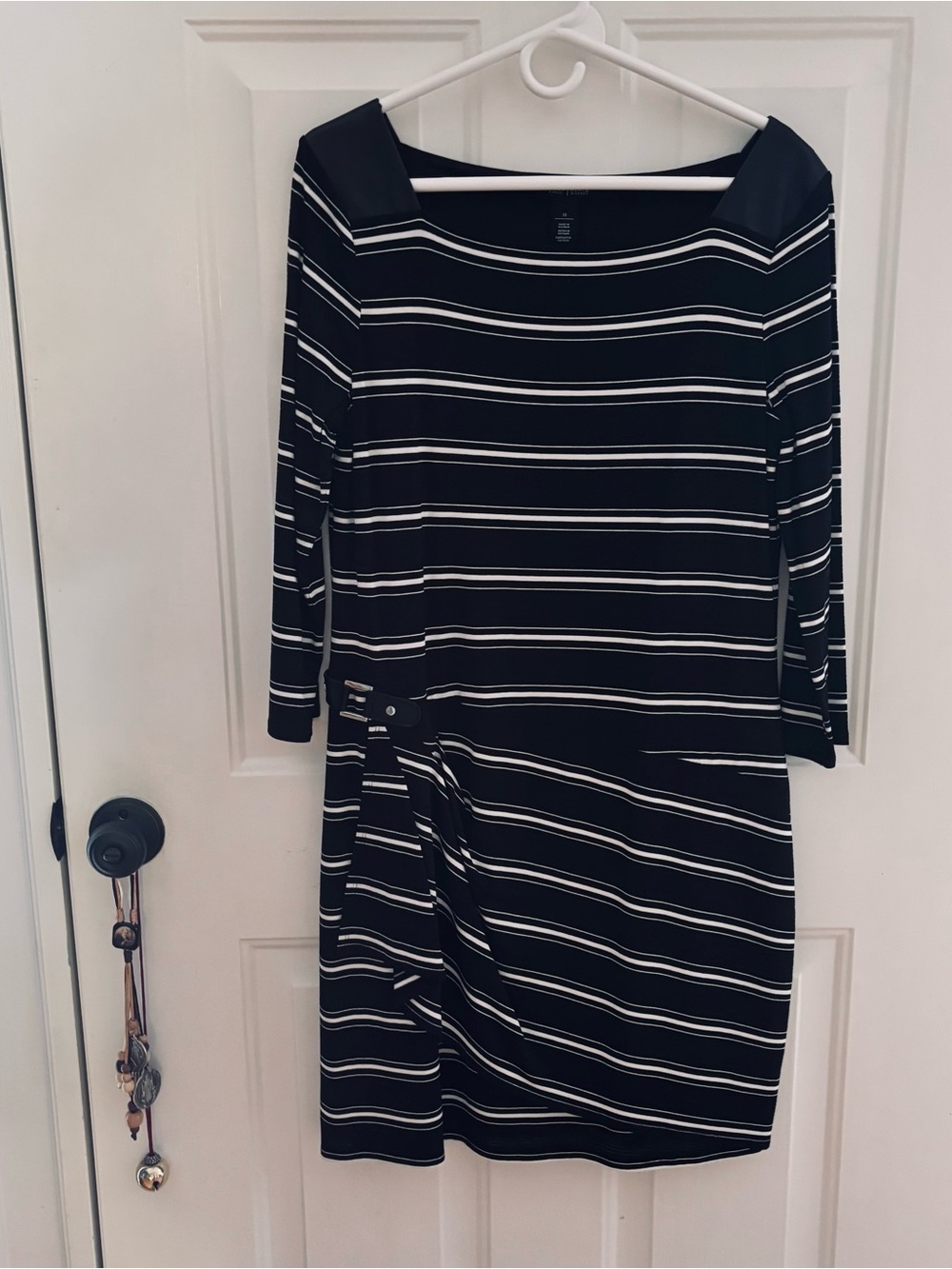 White House Black Market Black & White Striped Midi Dress with Side Drape